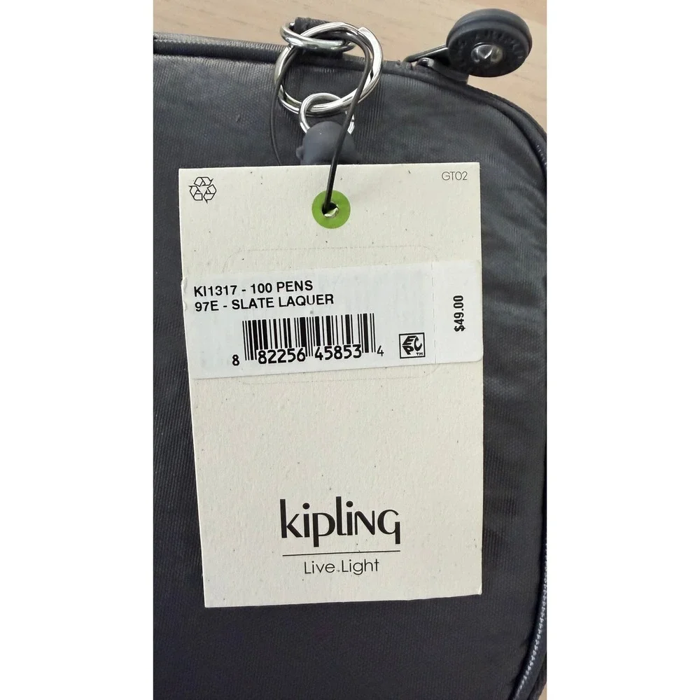 Kipling 100 Pens Case Black Metallic Nylon Pencil Pouch Makeup Brush Organizer
